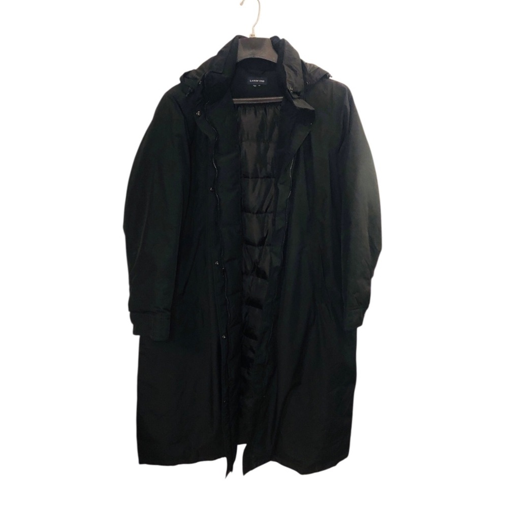 Lands' End Black Hooded Down & Feather Midi 45 in Length Super Warm Winter Coat